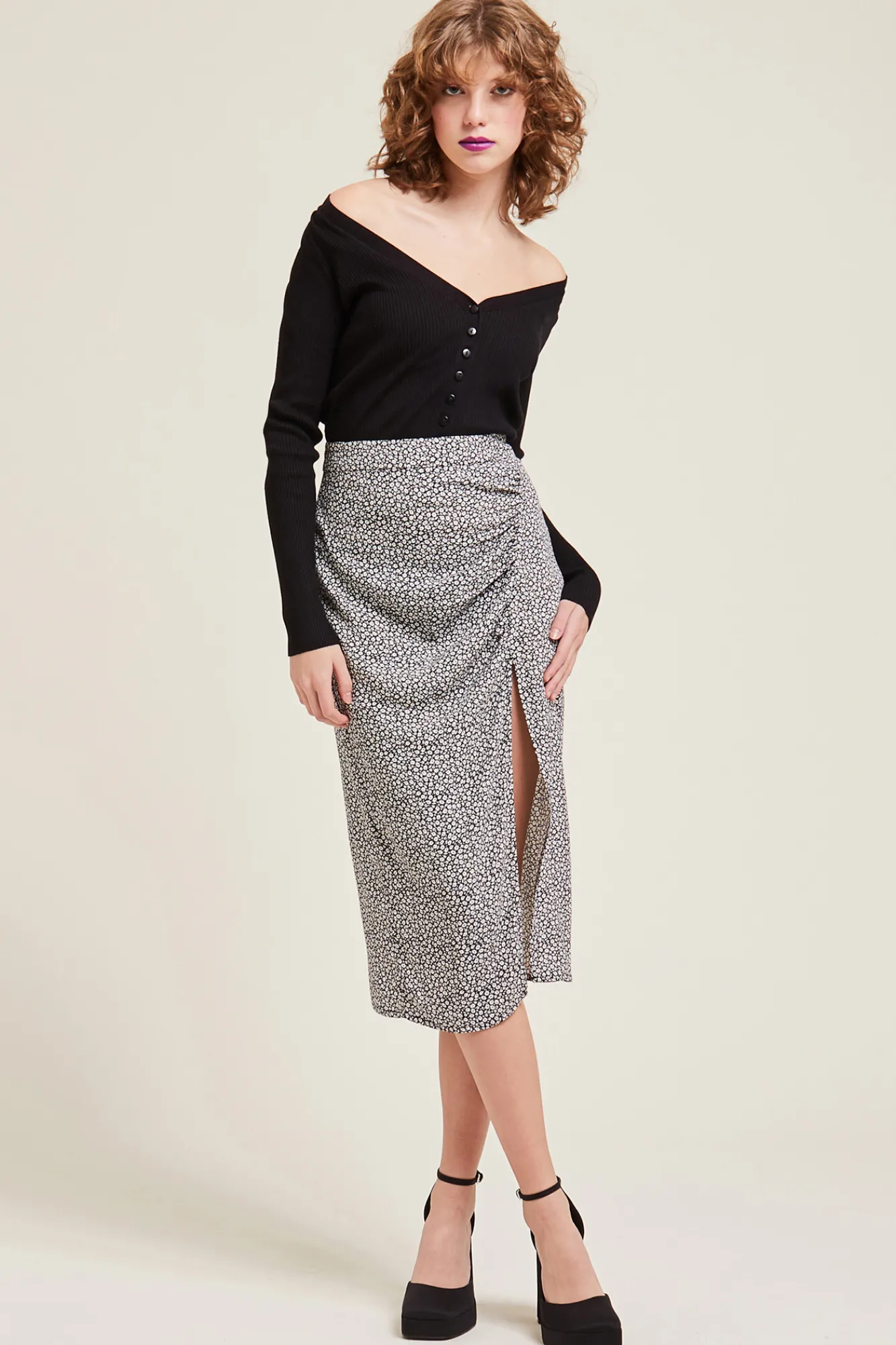 Pimkie Falda Midi Con Fruncidos Y Abertura Negro Clearance