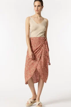 Tiffosi Falda Midi Cruzada Con Nudo Estampada Naranja Discount