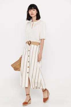 Cortefiel Falda Midi De Rayas Estampado Blanco Best