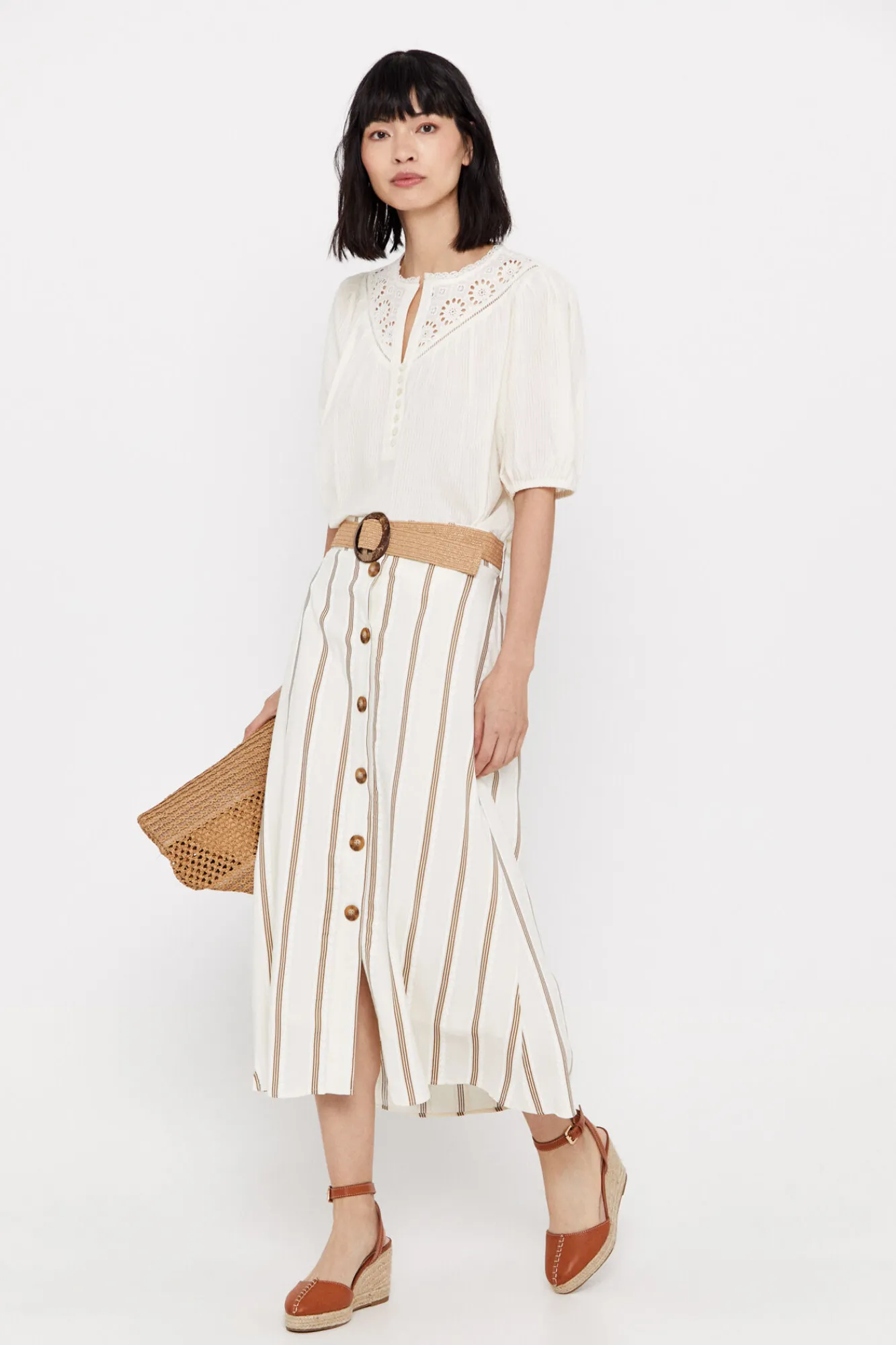 Cortefiel Falda Midi De Rayas Estampado Blanco Best
