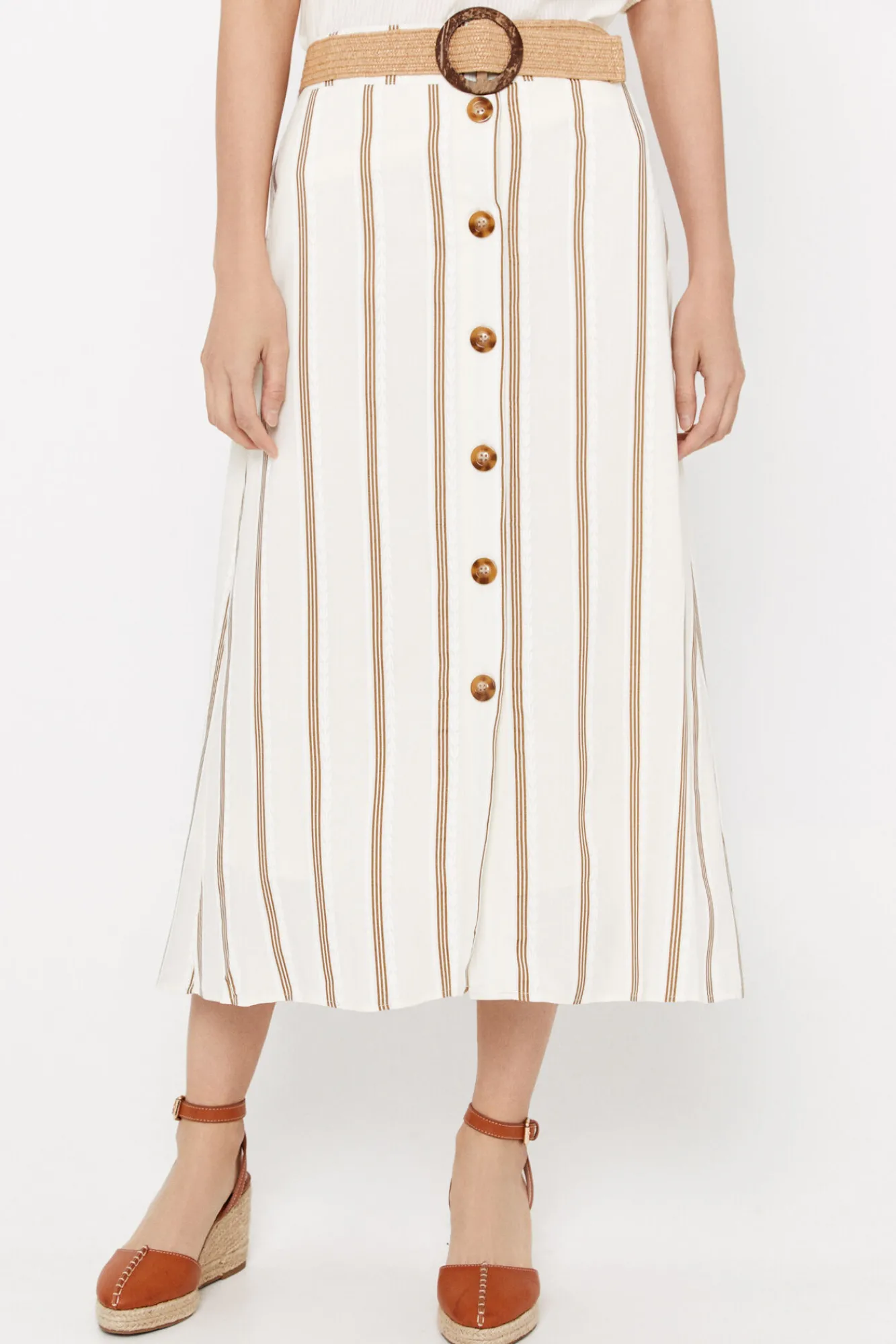 Cortefiel Falda Midi De Rayas Estampado Blanco Best