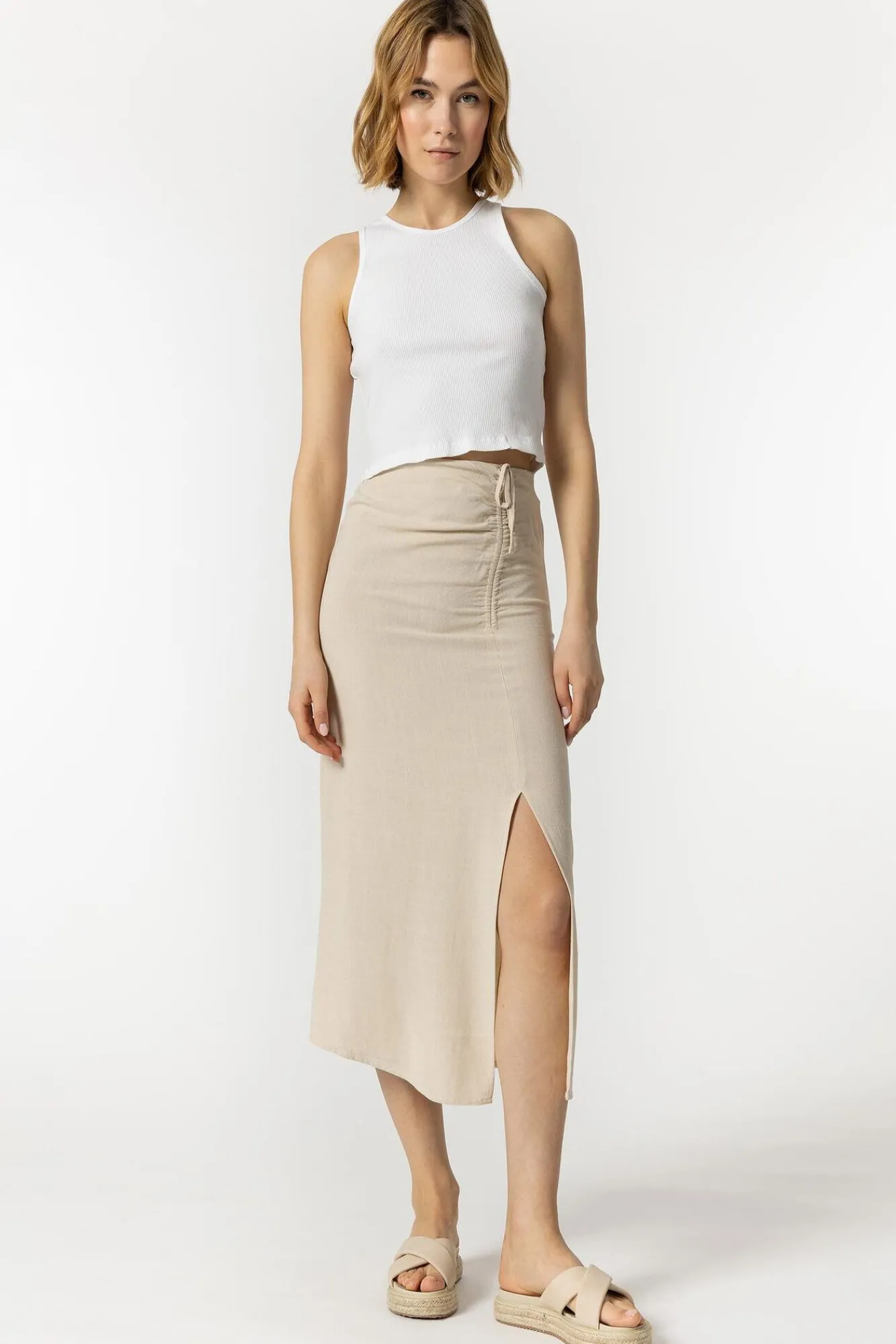 Tiffosi Falda Midi Lino Estampada Con Frunces Marron