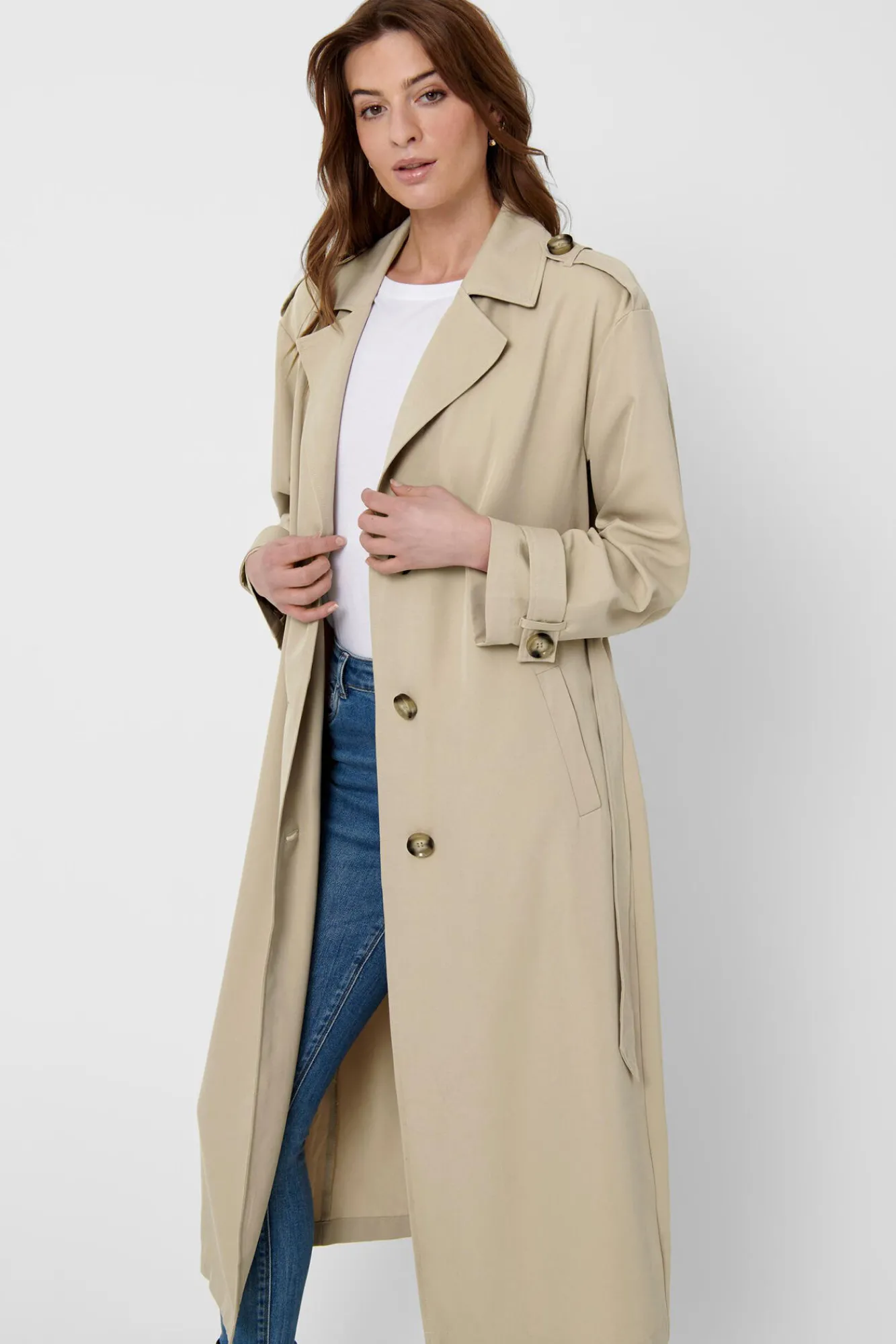 Only Gabardina Larga Fluida Beige Medio Outlet