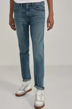 * Jeans Slim Lavado Medio Ensuciado Turquesa Hot