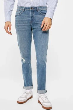 * Jeans Slim Lavado Medio Ensuciado Rotos Reparados Turquesa Discount