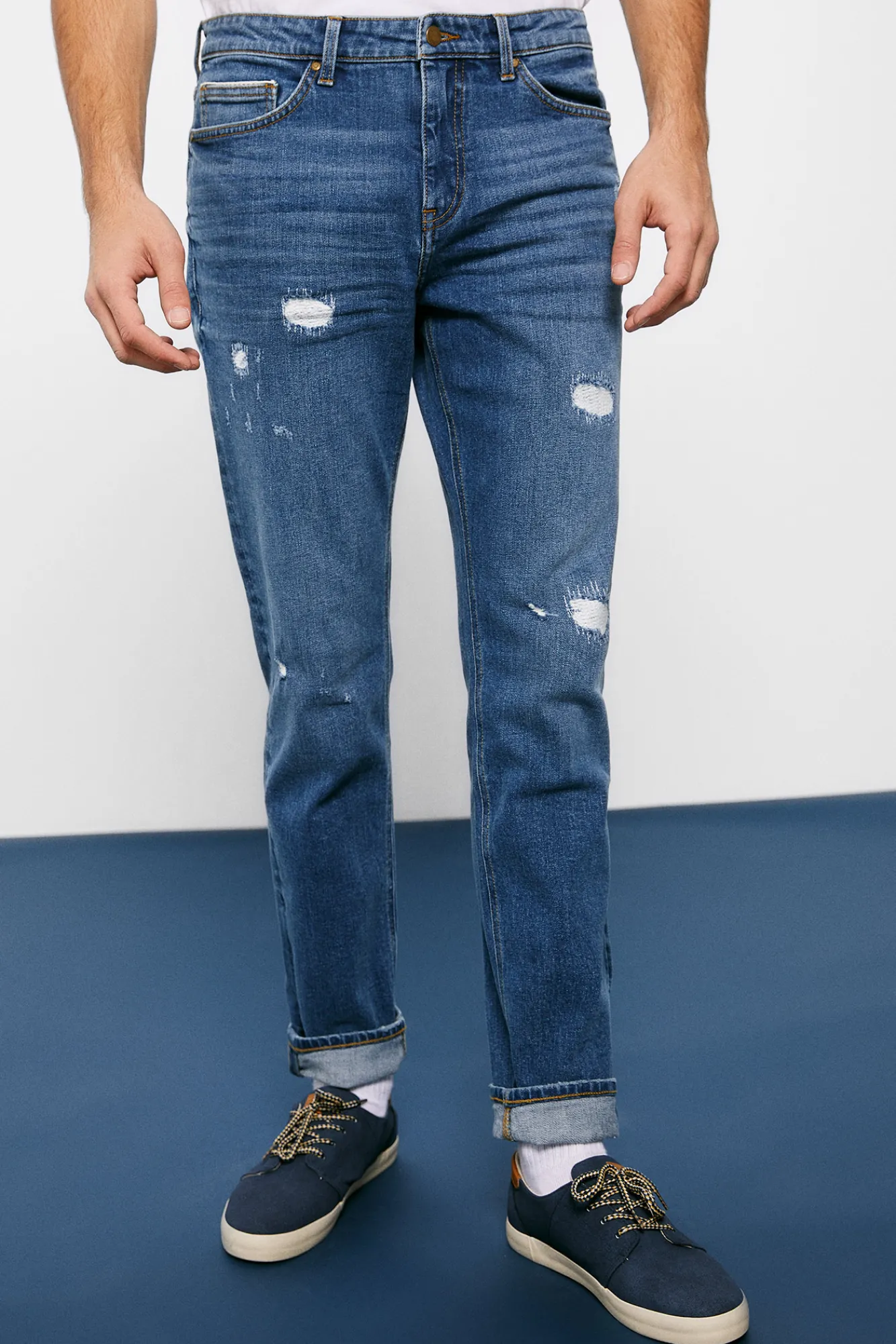 * Jeans Slim Ligero Lavado Rotos Reparados Azul Medio Best