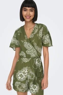 Only Mono Corto Algodon Y Lino Verde Outlet