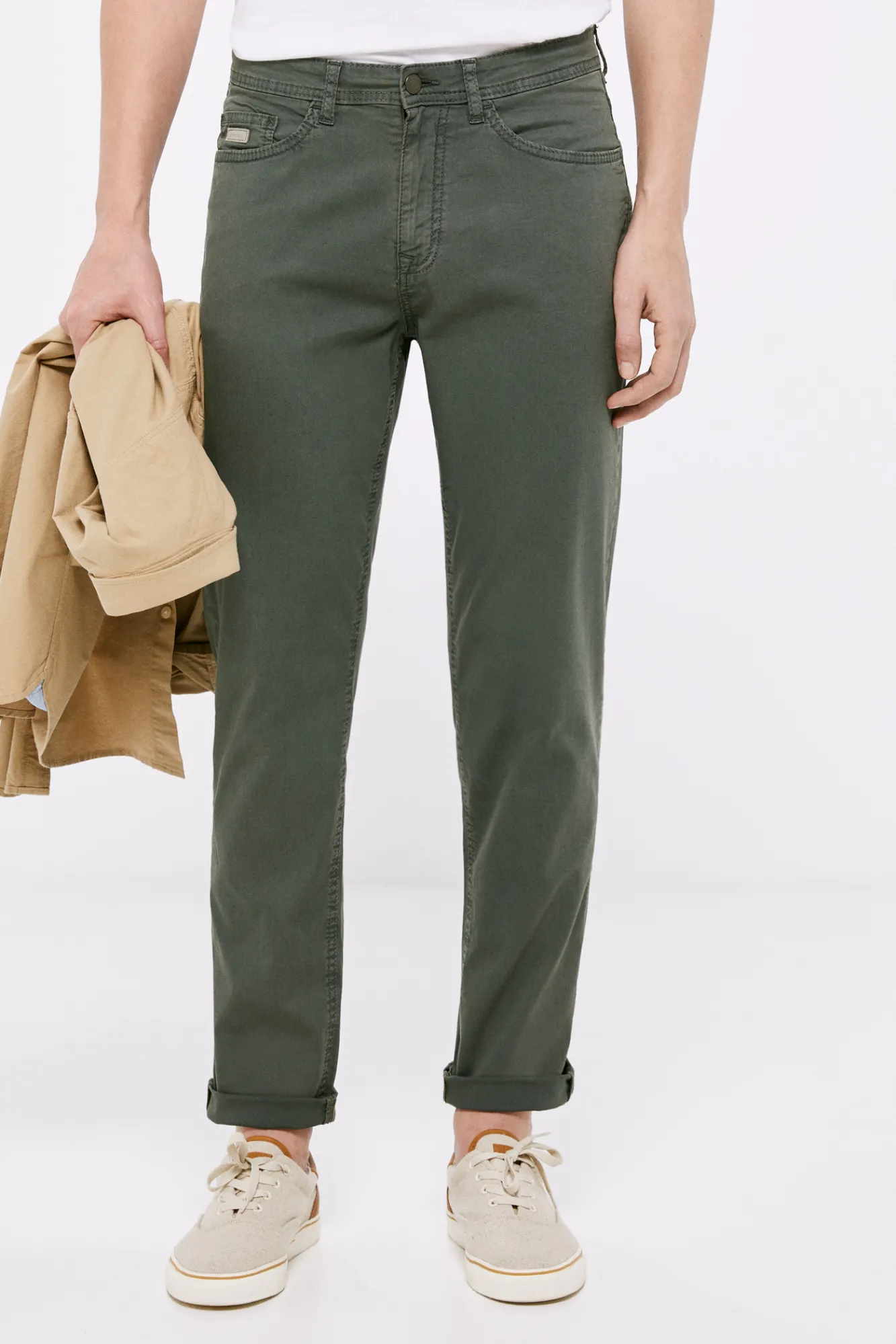 * Pantalon 5 Bolsillos Ligero Color Slim Lavado Kaki Oscuro Online