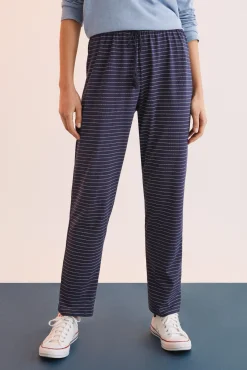 Women'secret Pantalon Largo 100% Algodon Estampado Rayas Azul New