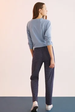 Women'secret Pantalon Largo 100% Algodon Estampado Rayas Azul New