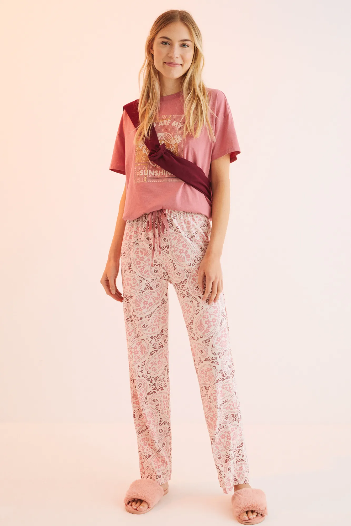 Women'secret Pantalon Largo 100% Algodon Paisley Rosa Outlet