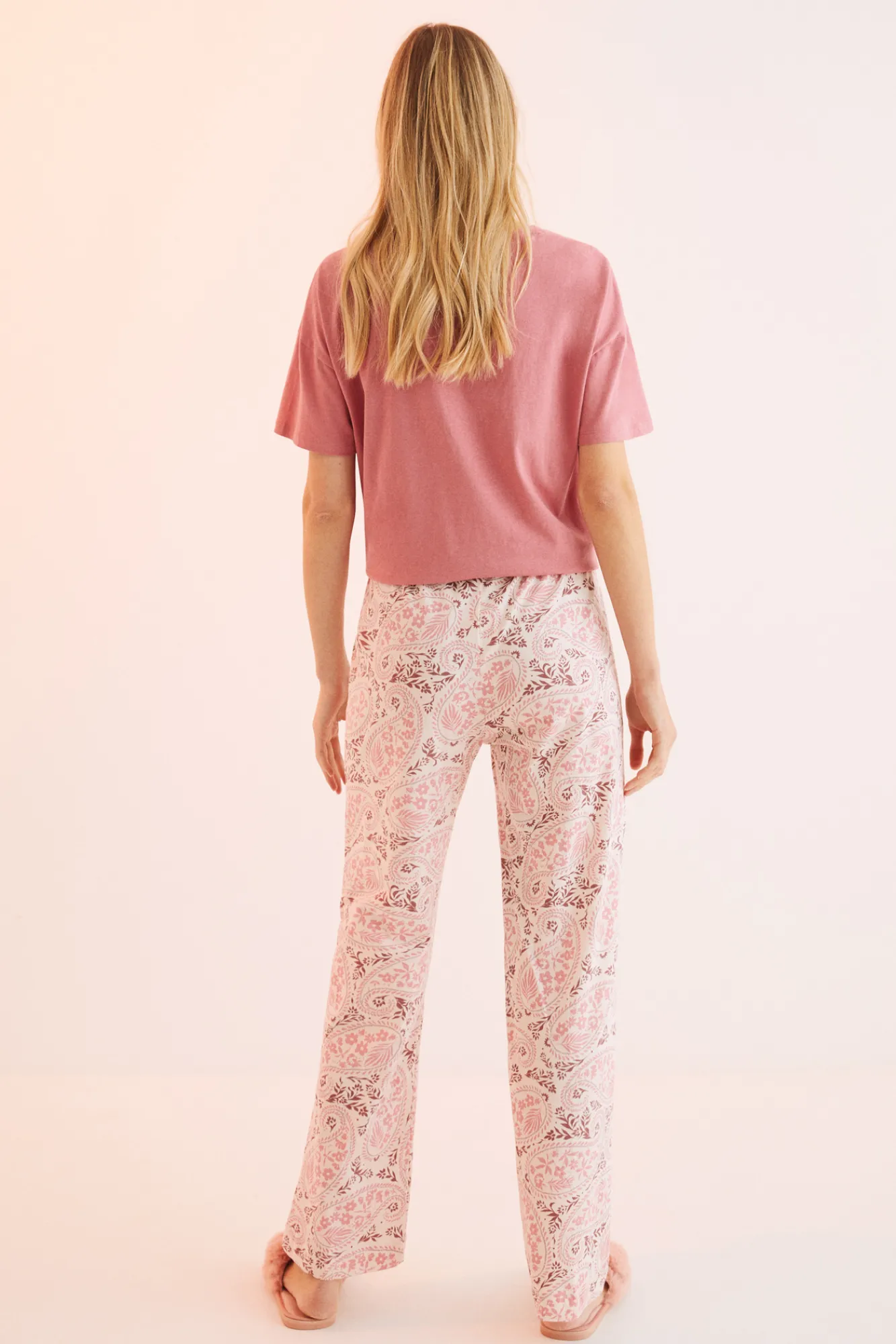 Women'secret Pantalon Largo 100% Algodon Paisley Rosa Outlet