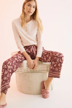 Women'secret Pantalon Largo Flores Granate Estampado Outlet