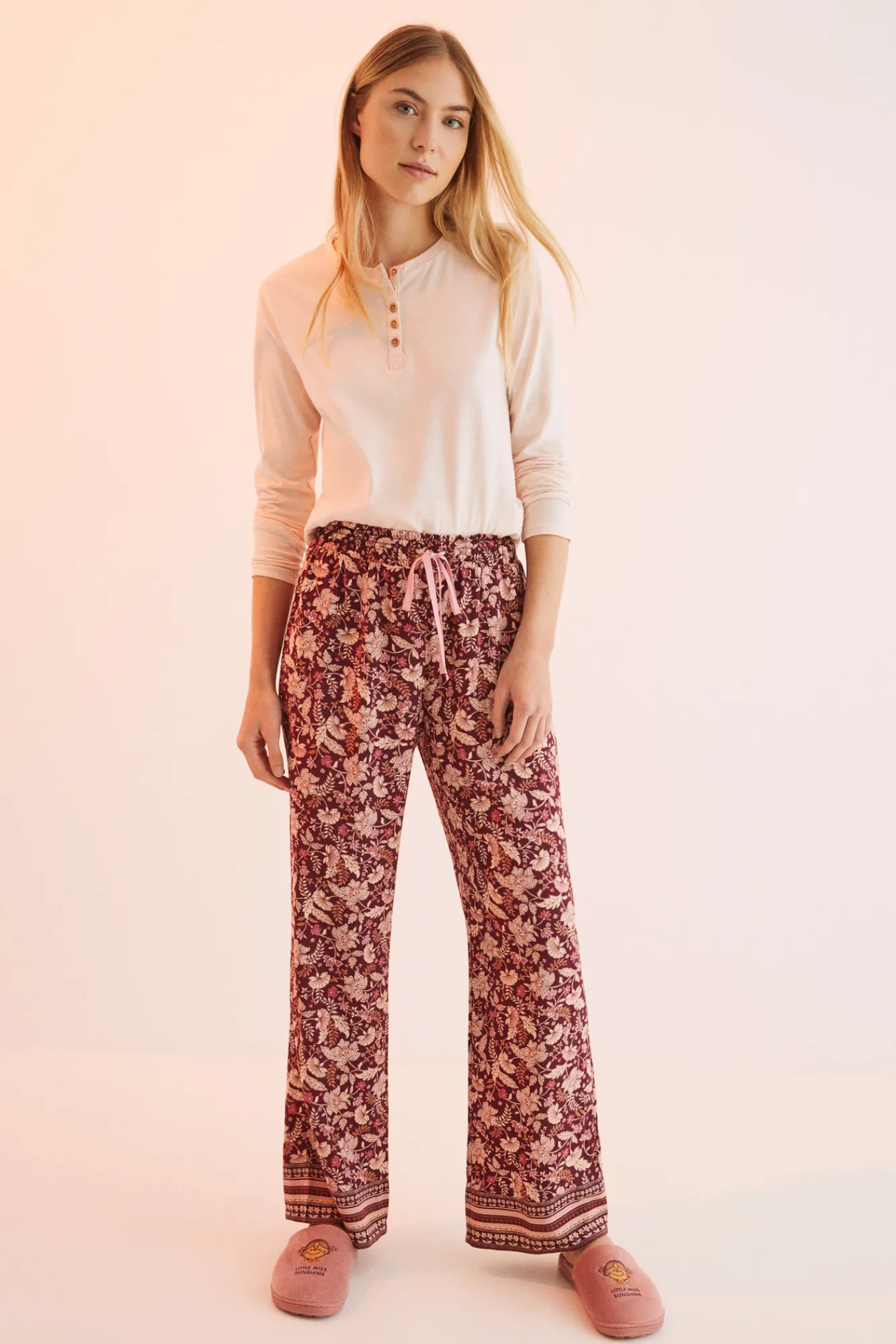 Women'secret Pantalon Largo Flores Granate Estampado Outlet