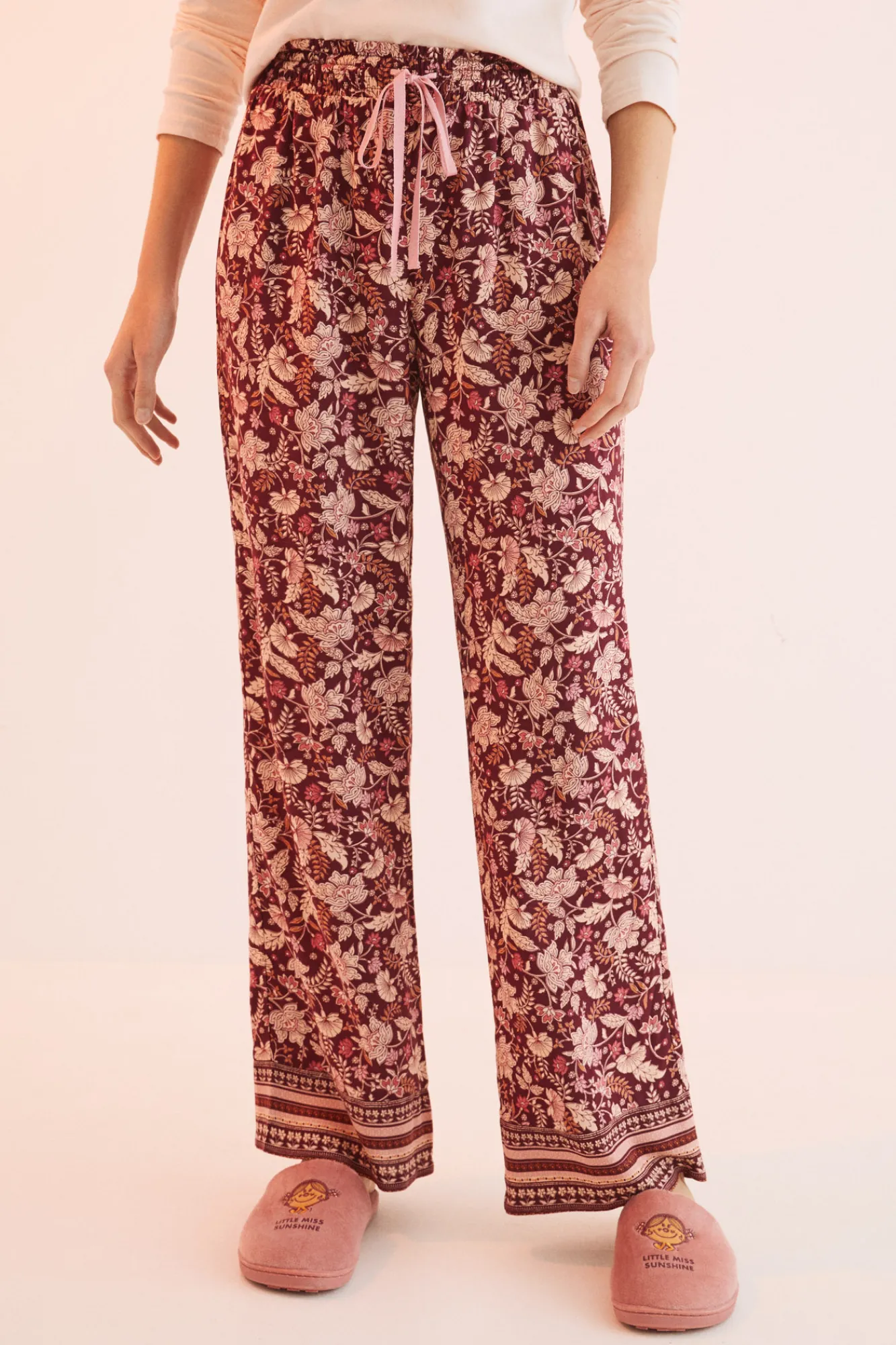 Women'secret Pantalon Largo Flores Granate Estampado Outlet