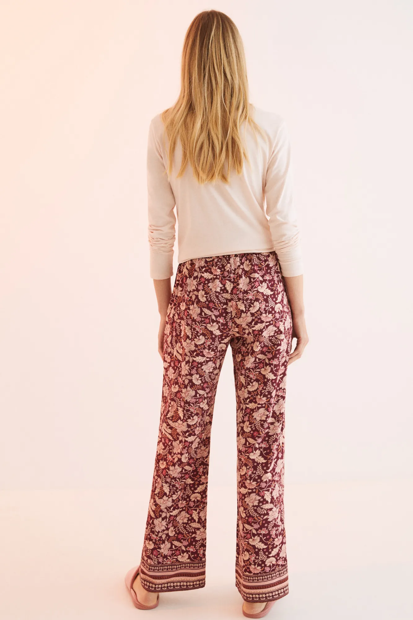 Women'secret Pantalon Largo Flores Granate Estampado Outlet