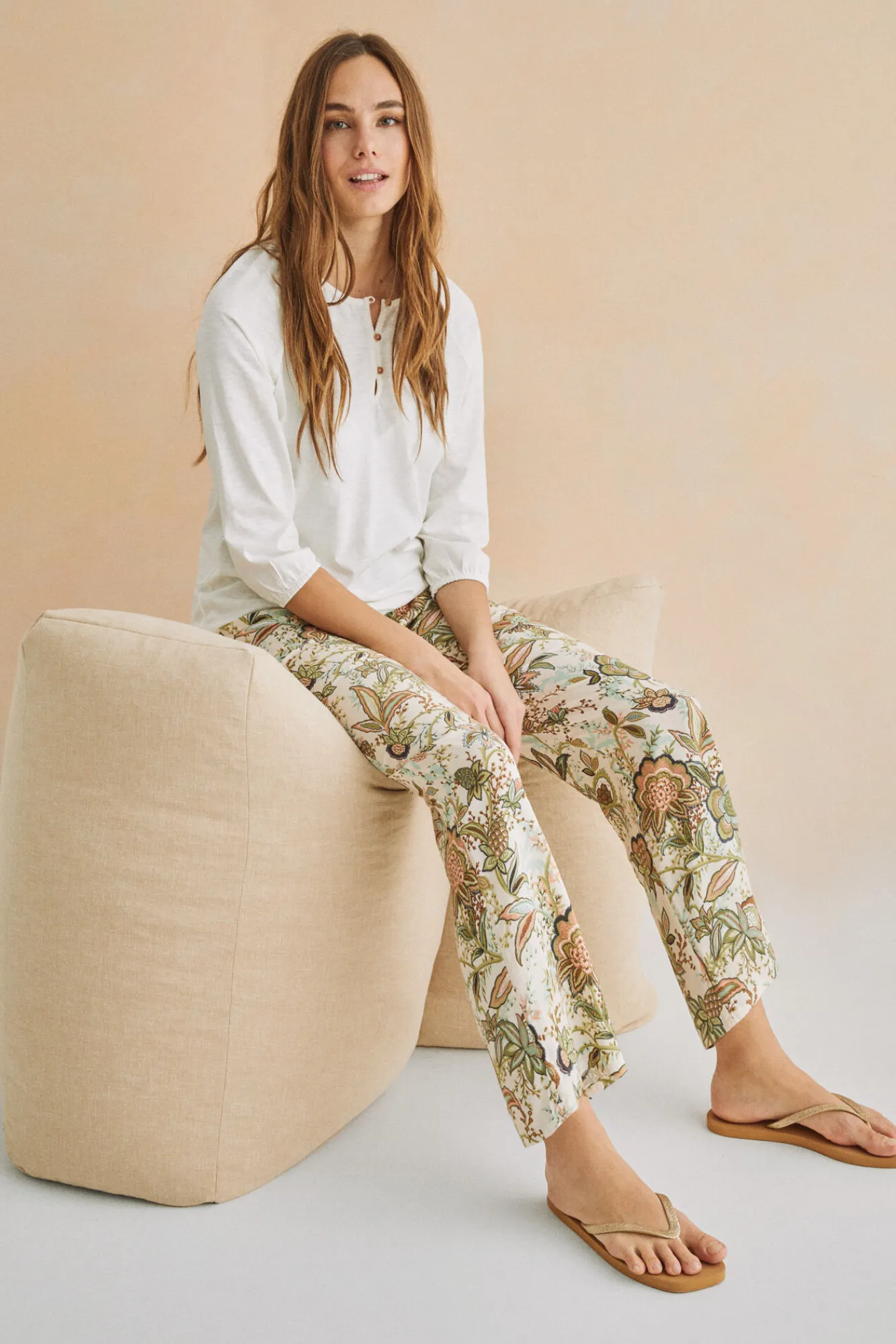 Women'secret Pantalon Largo Recto Estampado Verde New