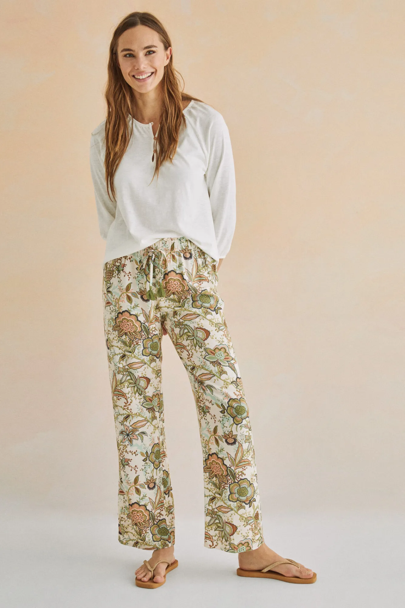 Women'secret Pantalon Largo Recto Estampado Verde New