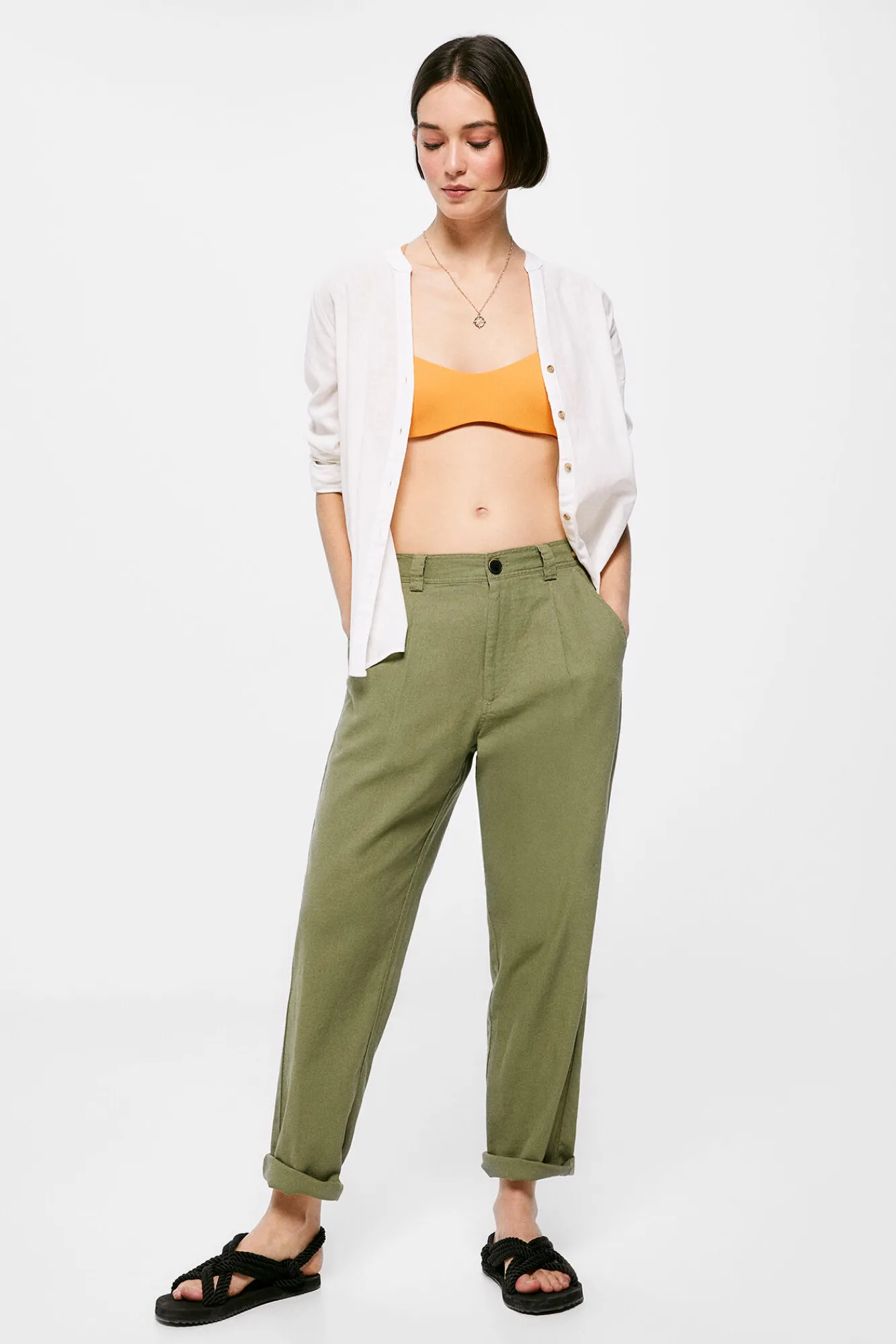 * Pantalon Lino Relajado Kaki Claro Clearance