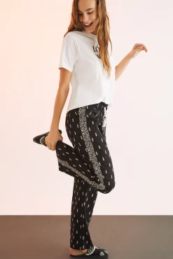 Women'secret Pantalon Viscosa Estampado Blanco Y Negro Amarillo Discount