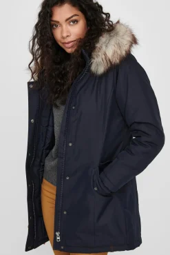 Only Parka Con Capucha Con Pelo Y Bolsillos Azul Medio Sale