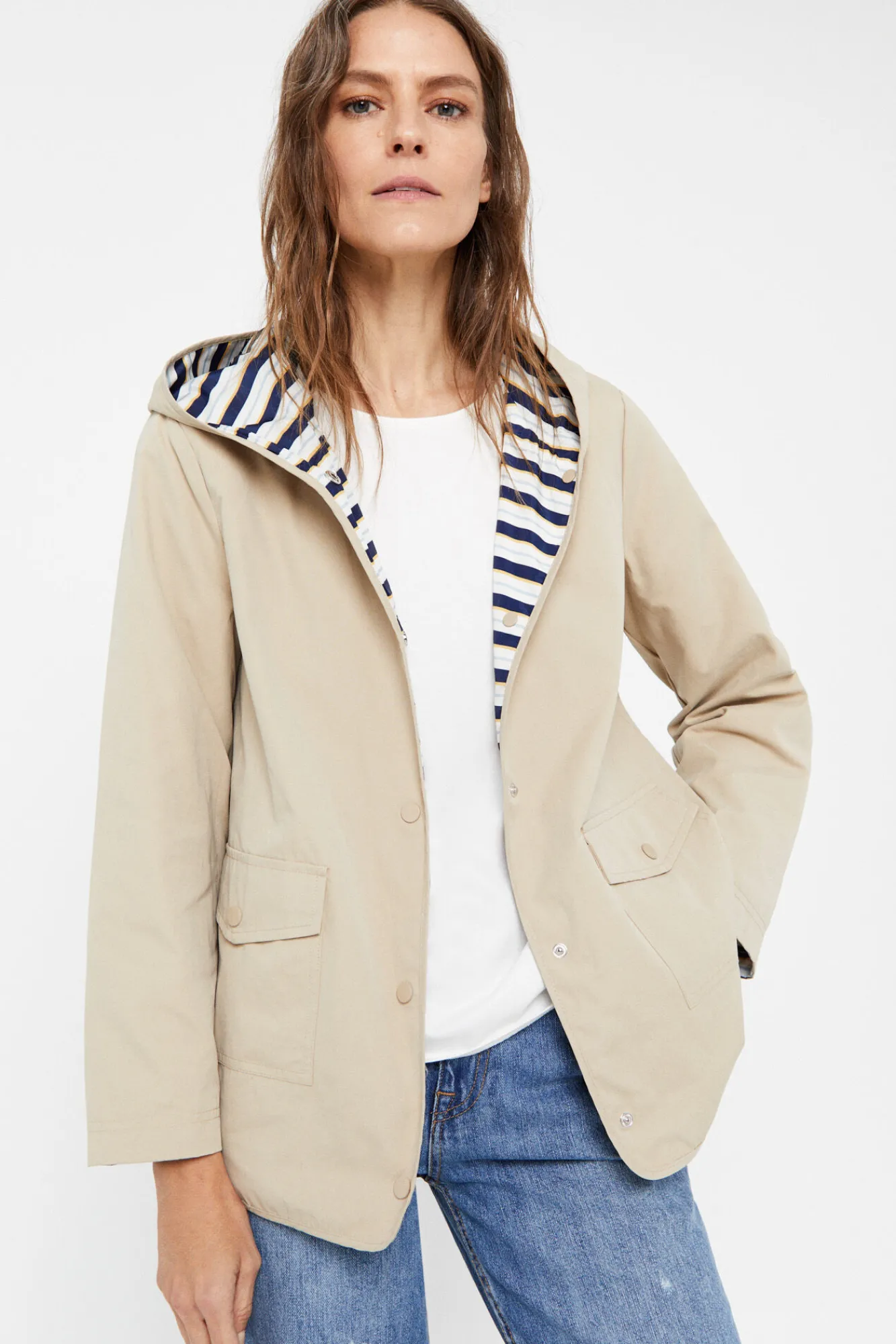 Cortefiel Parka Reversible Waterrepelent Marfil New
