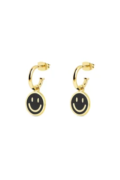 Singularu Pendientes Aro Smiley Black Enamel Oro Amarillo
