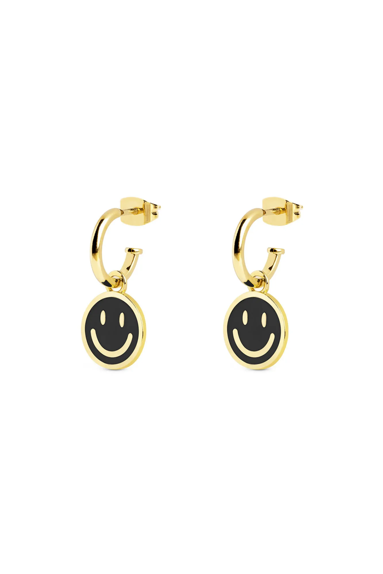 Singularu Pendientes Aro Smiley Black Enamel Oro Amarillo