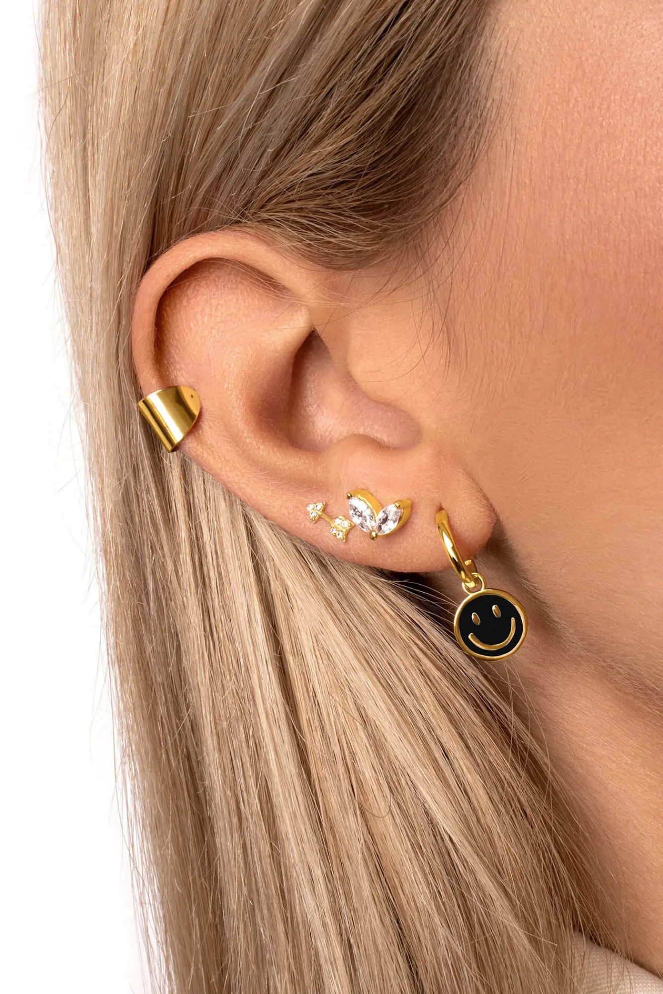 Singularu Pendientes Aro Smiley Black Enamel Oro Amarillo