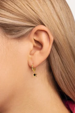 Singularu Pendientes Aro Star Black Enamel Oro Amarillo Discount