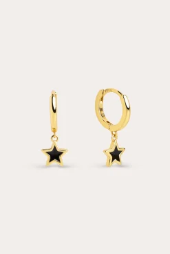 Singularu Pendientes Aro Star Black Enamel Oro Amarillo Discount