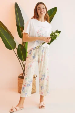 Women'secret Pijama 100% Algodon Capri Blanco Flores Beige Clearance