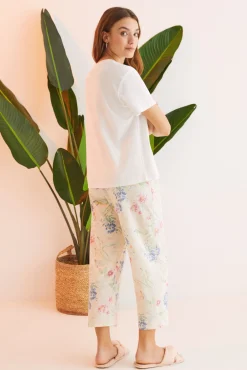 Women'secret Pijama 100% Algodon Capri Blanco Flores Beige Clearance