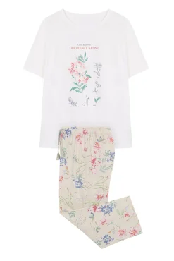Women'secret Pijama 100% Algodon Capri Blanco Flores Beige Clearance