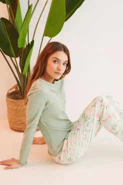 Women'secret Pijama 100% Algodon Flores Verde Clearance