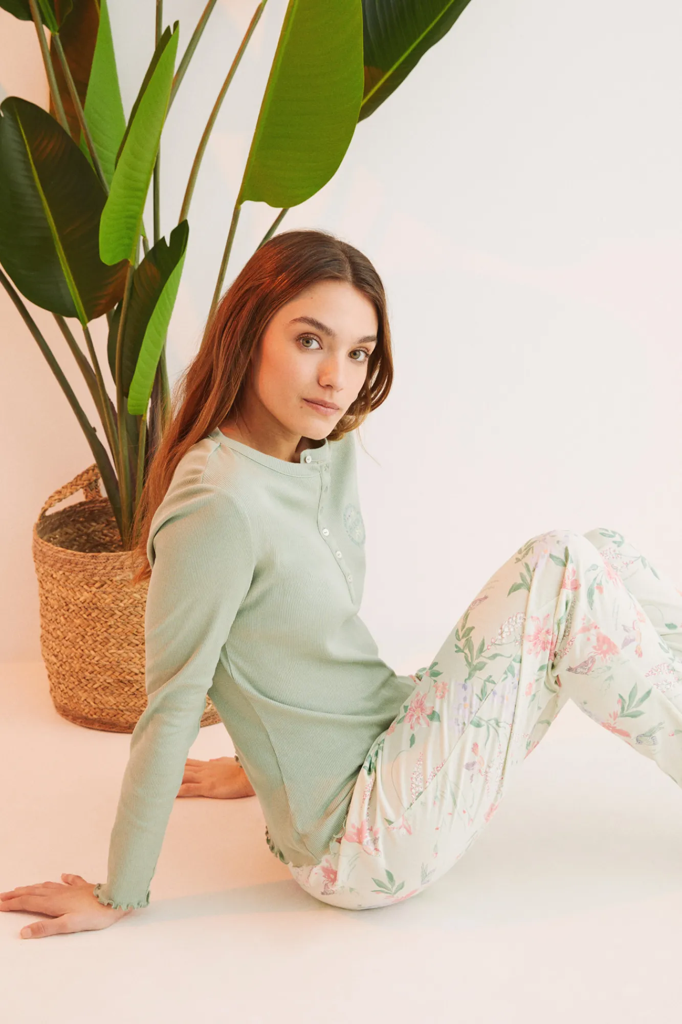 Women'secret Pijama 100% Algodon Flores Verde Clearance