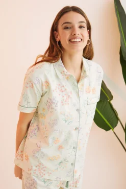 Women'secret Pijama Camisero 100% Algodon Verde Flores Estampado New