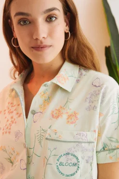 Women'secret Pijama Camisero 100% Algodon Verde Flores Estampado New