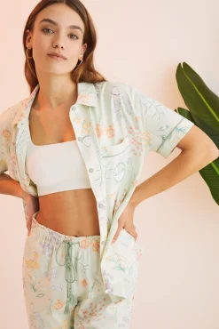 Women'secret Pijama Camisero 100% Algodon Verde Flores Estampado New