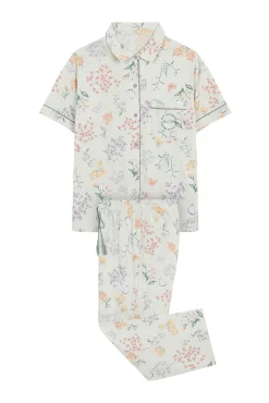 Women'secret Pijama Camisero 100% Algodon Verde Flores Estampado New