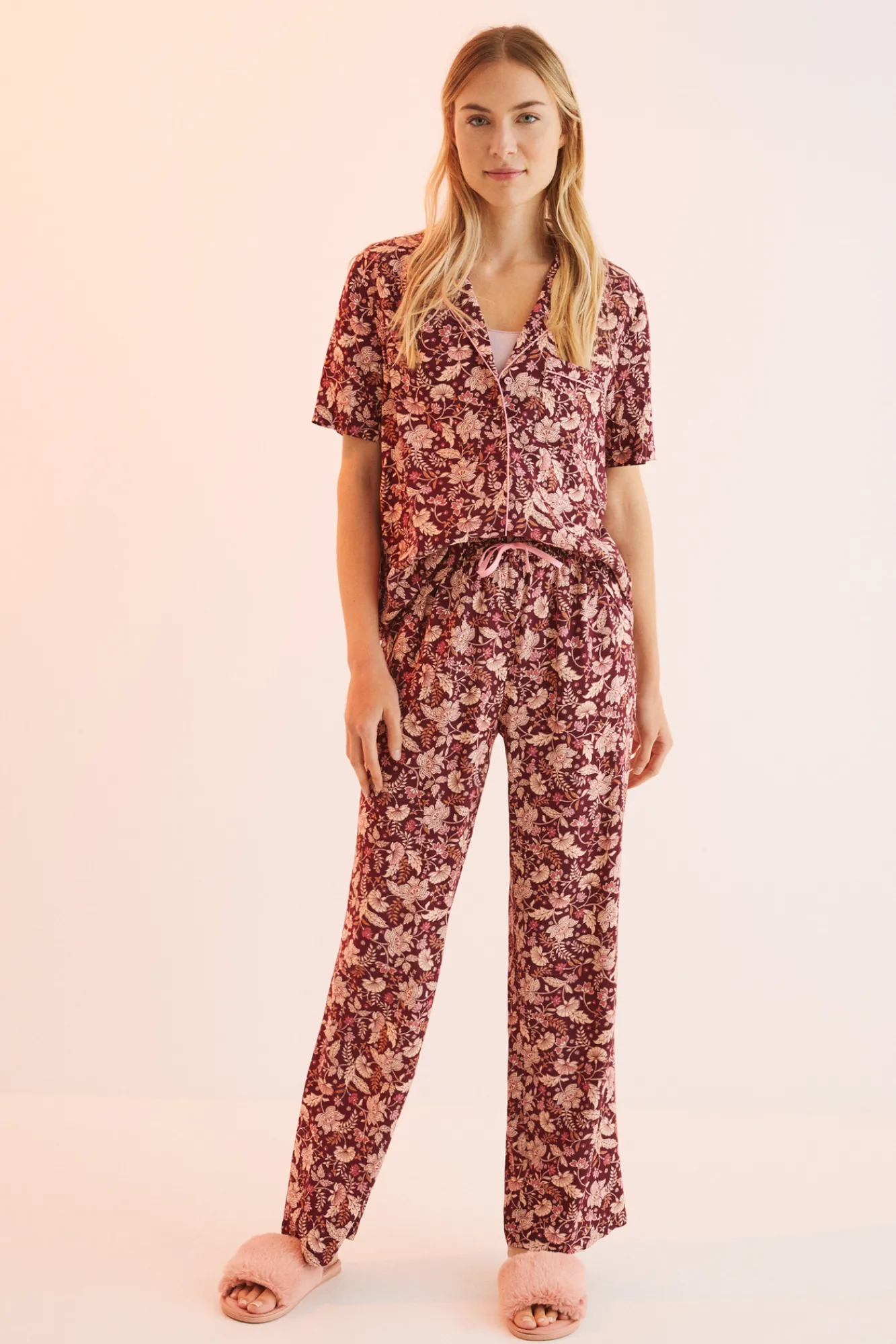 Women'secret Pijama Camisero Largo Flores Granate Estampado Best