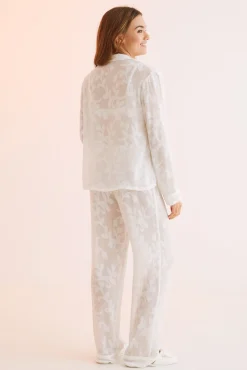 Women'secret Pijama Camisero Largo Jacquard Blanco Beige Clearance