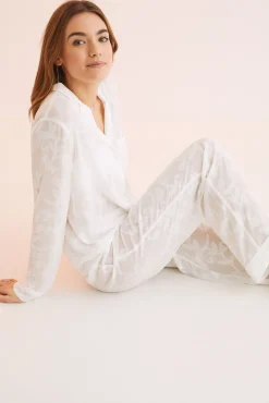 Women'secret Pijama Camisero Largo Jacquard Blanco Beige Clearance