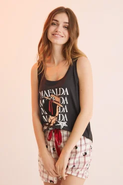 Women'secret Pijama Corto 100% Algodon Mafalda Negro Gris Discount