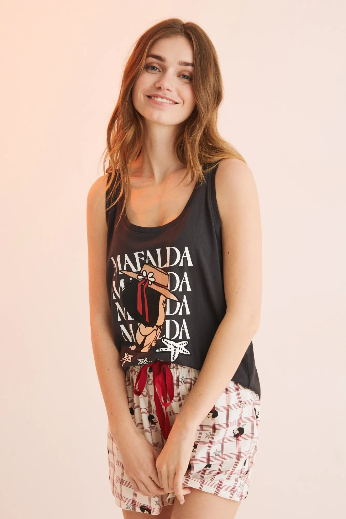 Women'secret Pijama Corto 100% Algodon Mafalda Negro Gris Discount