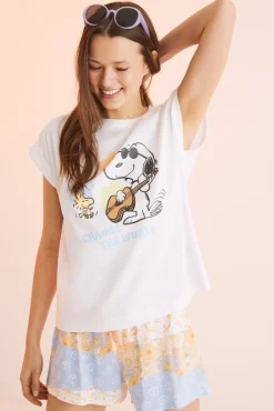 Women'secret Pijama Corto 100% Algodon Snoopy Hippie Beige Clearance