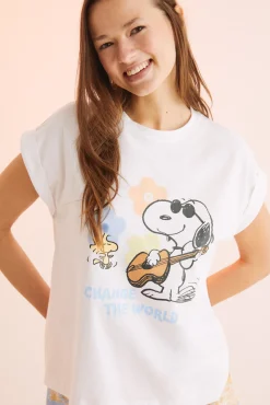 Women'secret Pijama Corto 100% Algodon Snoopy Hippie Beige Clearance