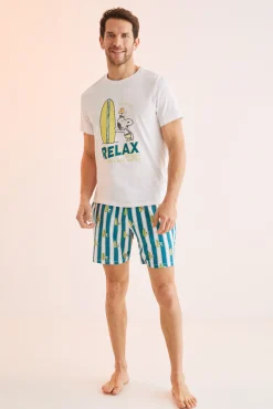 Women'secret Pijama Corto Hombre 100% Algodon Snoopy Surf Beige