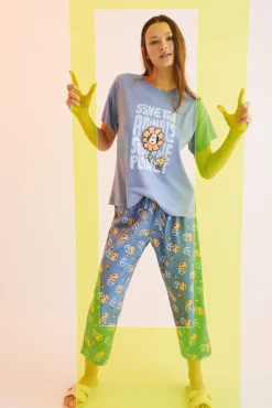 Women'secret Pijama Largo 100% Algodon Snoopy 'save The Planet' Azul Hot