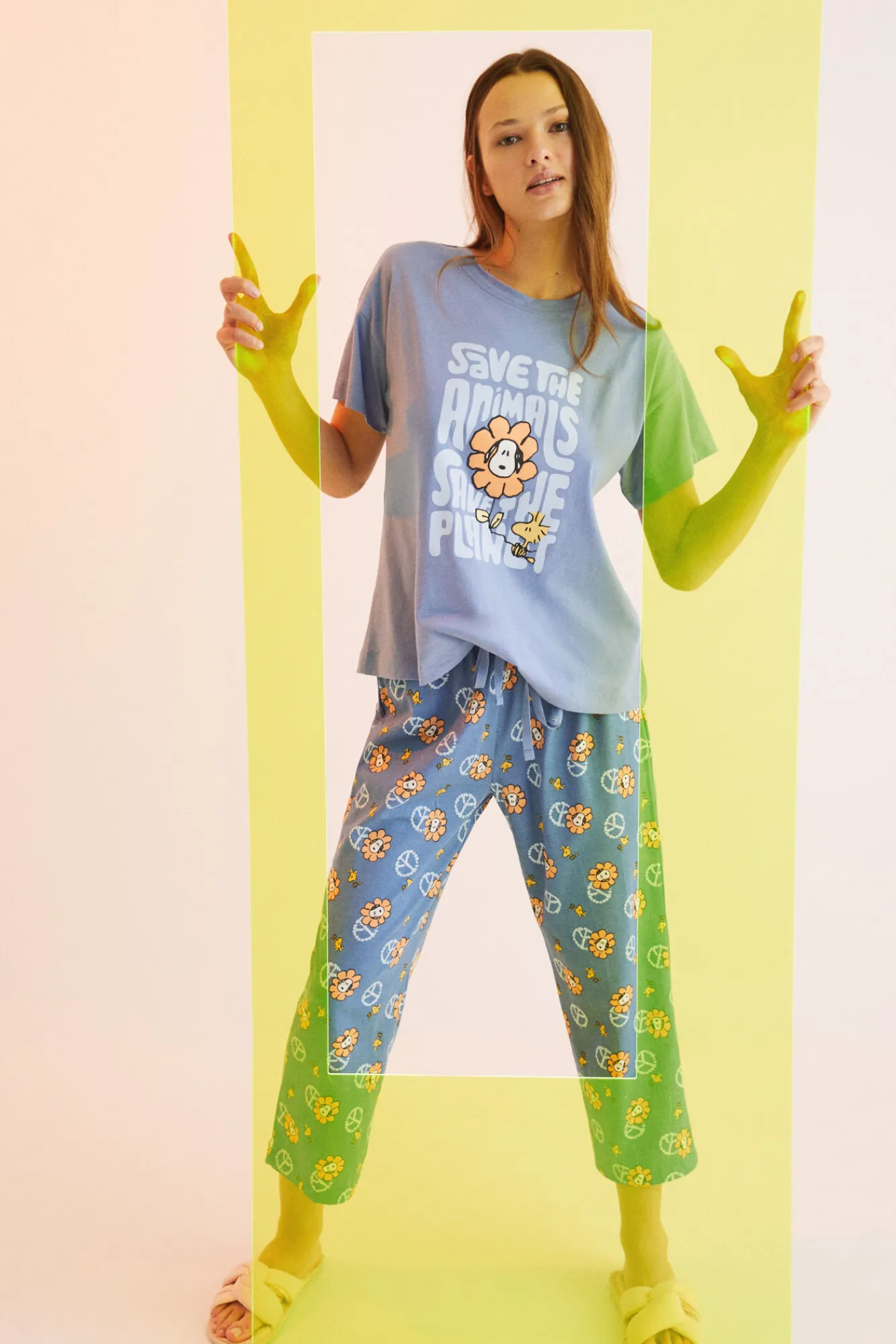 Women'secret Pijama Largo 100% Algodon Snoopy 'save The Planet' Azul Hot